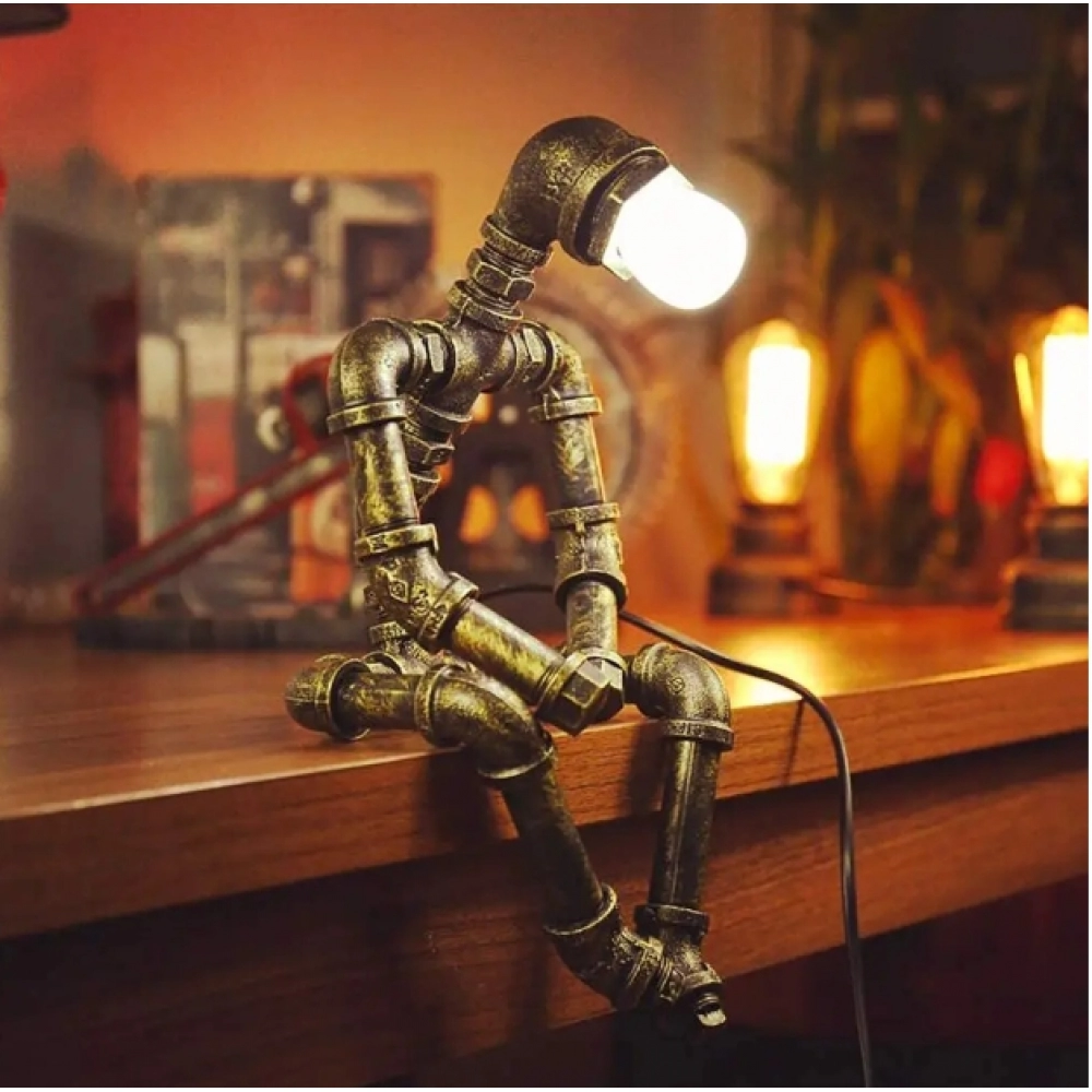 Creative Industrial Steampunk Wrought Iron Robot Table Lamp Retro Robot Water Pipe Desk Lamp Bar Restaurant Cafe Decoration
